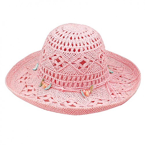 Wide Brim Crochet Toyo Straw Accent w/ Beaded Band - Pink - HT-8202PK